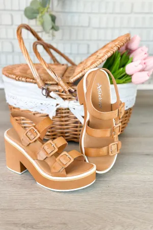 Antelope Ingrid Tan Buckle Block Wedge