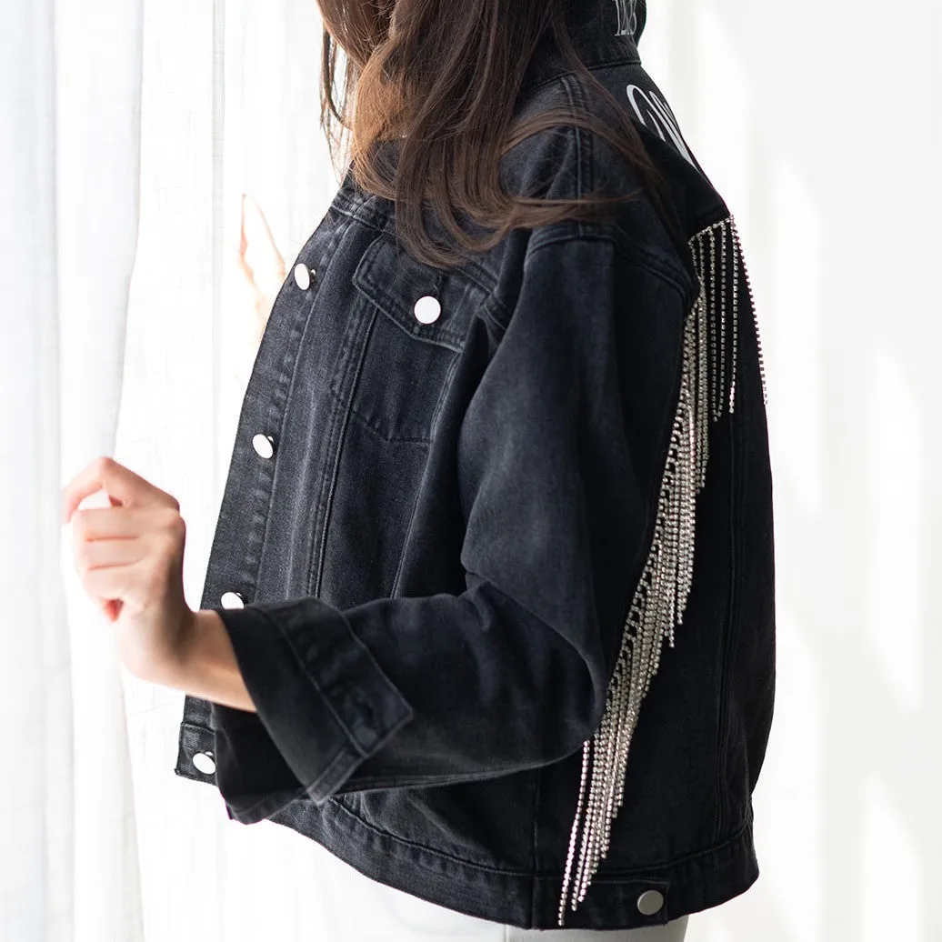 Black Rhinestone Fringe Denim