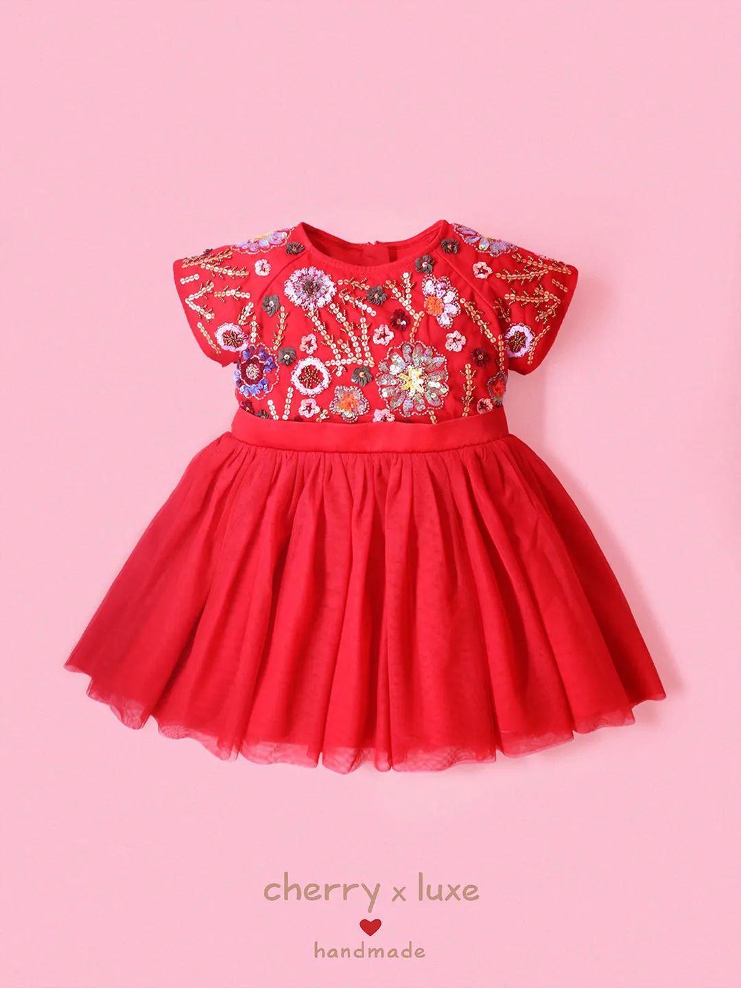 Cherry Crumble Red Solid 100% Polyester Half Sleeves Round Neck Party Wear Fit & Flare Sequin and Beads Summer Dress For Girls