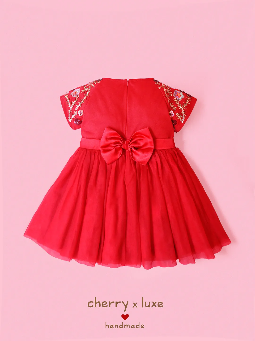 Cherry Crumble Red Solid 100% Polyester Half Sleeves Round Neck Party Wear Fit & Flare Sequin and Beads Summer Dress For Girls