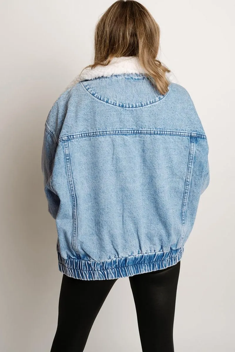 Chouyatou Women's Warm Sherpa Collar Denim Jacket Faux Fur Collar Denim Coat Trucker Jacket