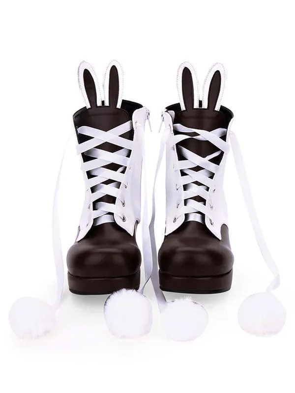 Classic Lolita Boots Bunny Ear Pom Pom Two Tone Chunky High Heel Lolita Shoes