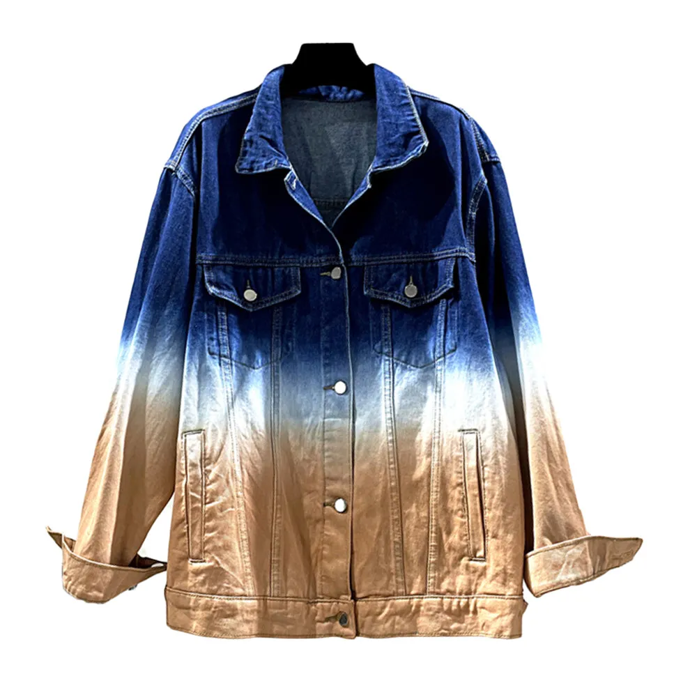Fashion Women Lapel Long Sleeve Straight Loose Denim Jackets