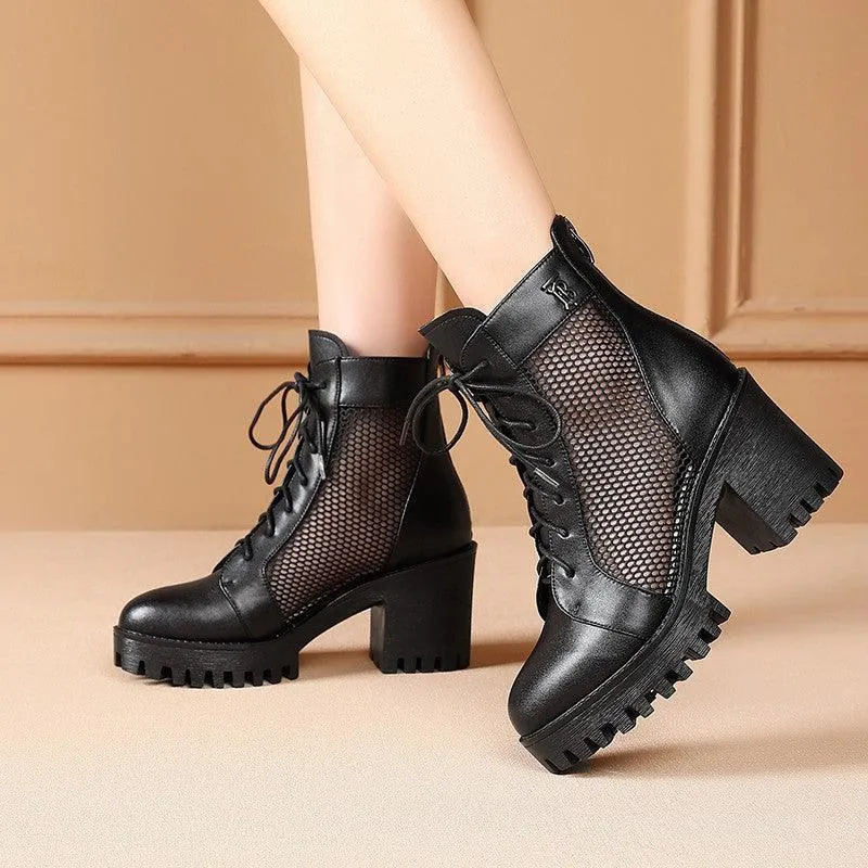 Leather breathable hollow net boots high-heeled sandals
