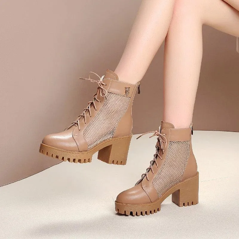 Leather breathable hollow net boots high-heeled sandals