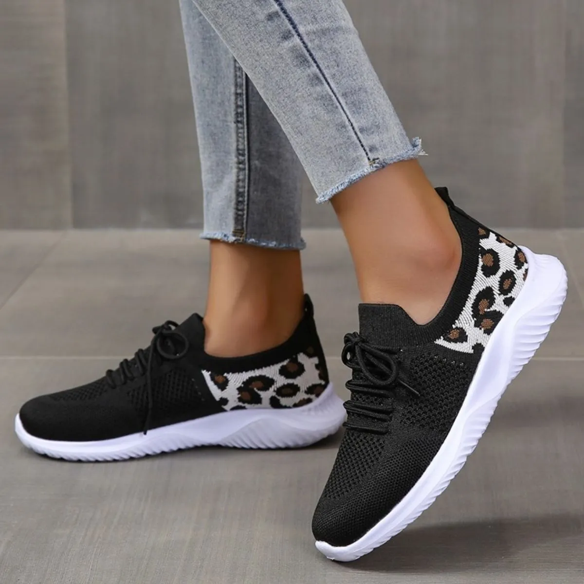 Leopard Breathable Mesh Lace Up Athletic