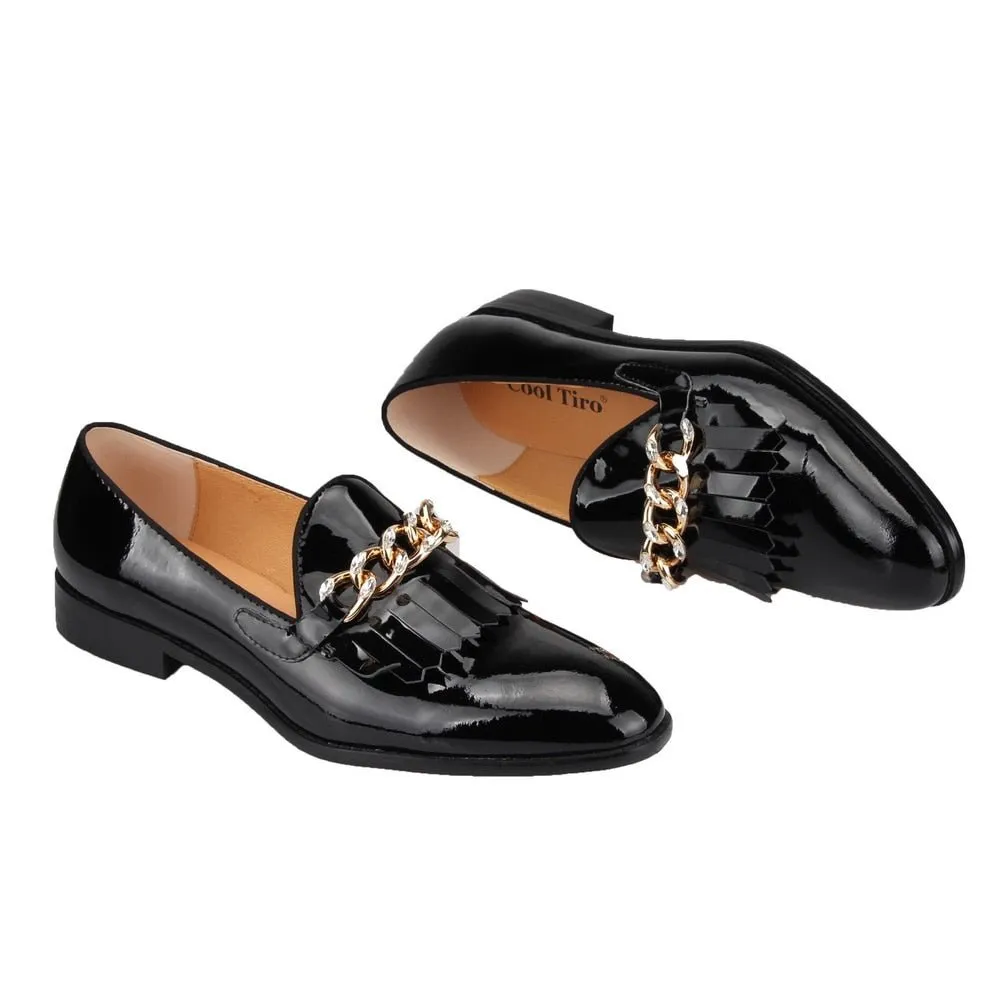 Men Patent leather Shoes metal chain Loafers