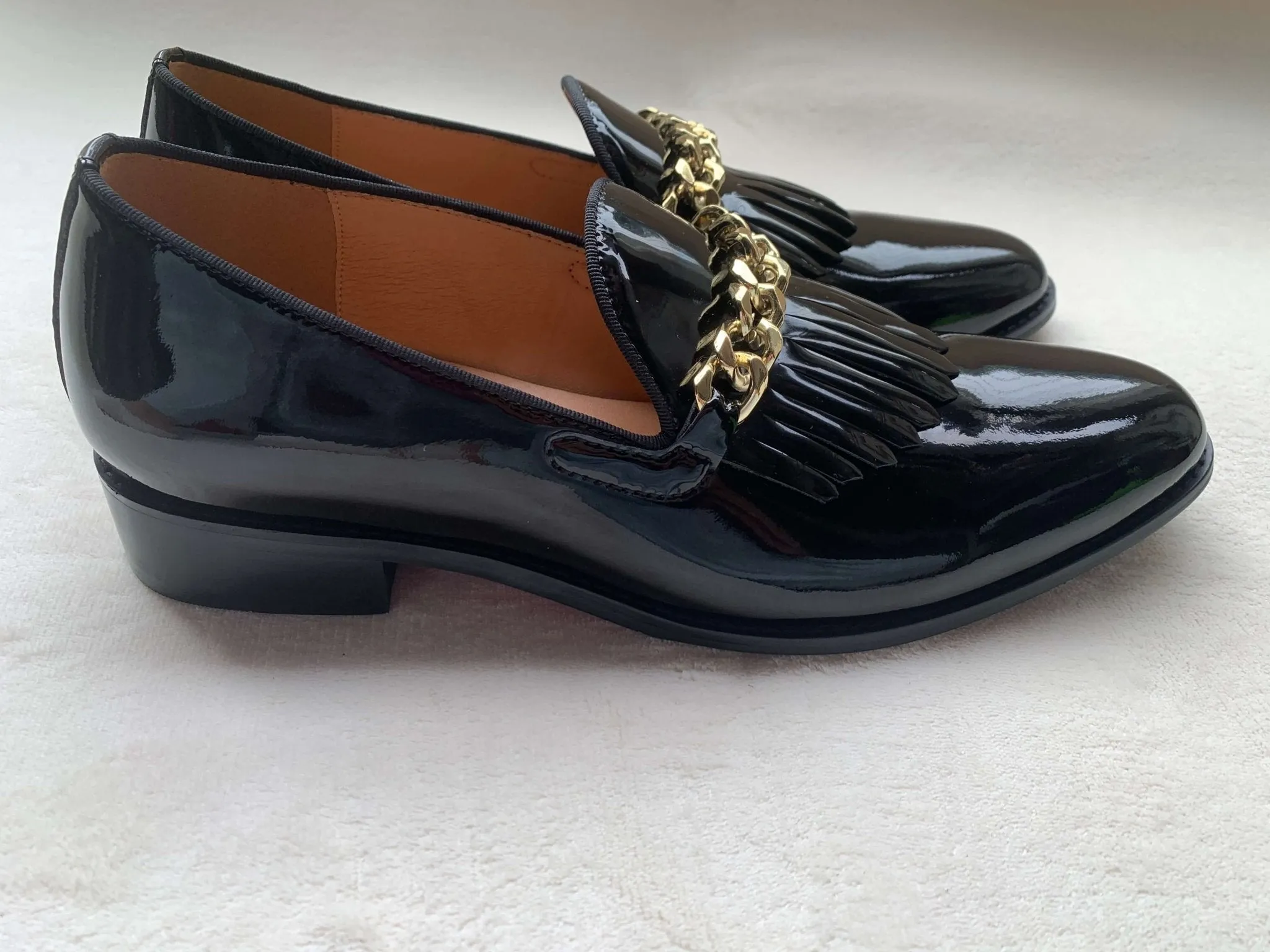 Men Patent leather Shoes metal chain Loafers