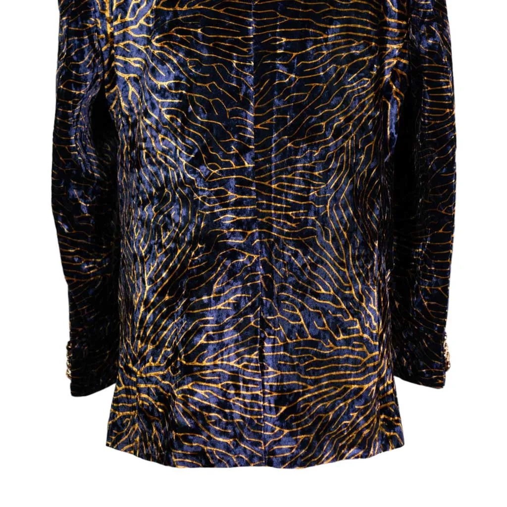Mens Blazer Blue Gold Abstract Velvet Dress Formal Suit Jacket Wedding Sport Coat 46R