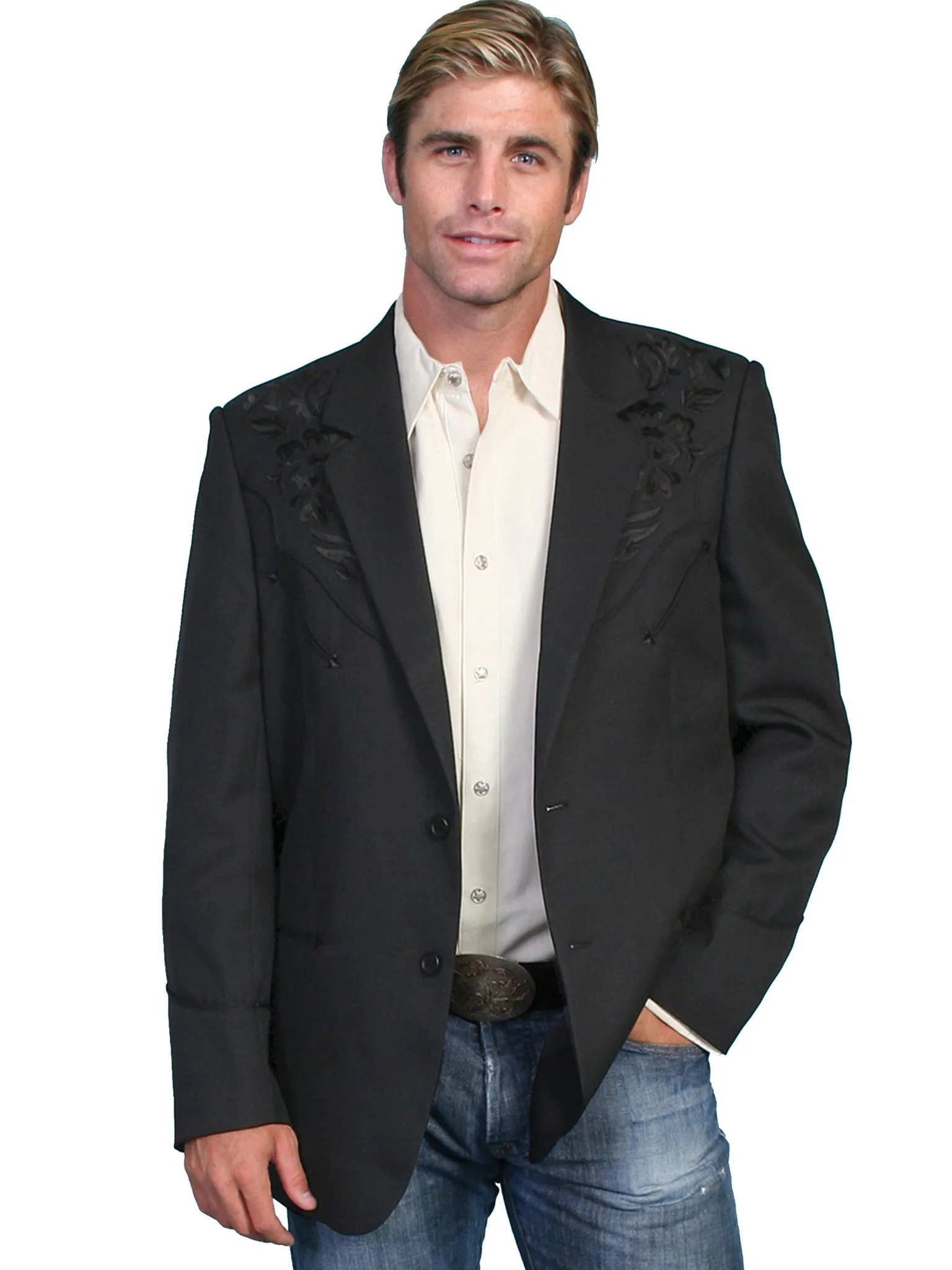 Men's Fabric Jacket Collection: Scully Western Blazer Black Floral Embroidery