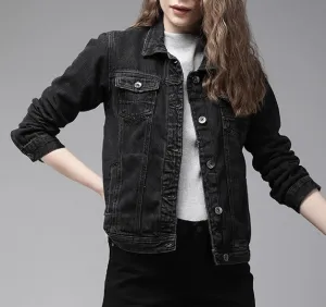 Solid Color Casual Ladies Denim Jacket Black