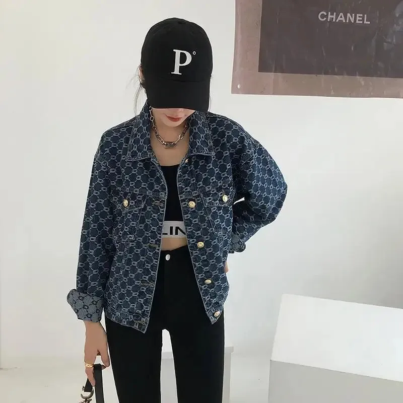 Vintage Loose Print Blue Denim Jacket