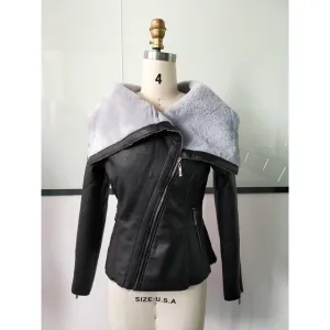 Women Lapel Zipper PU Jackets