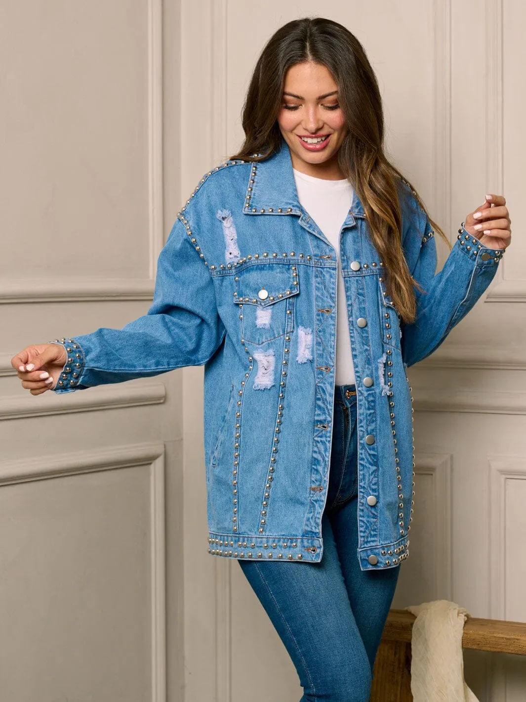 WOMEN'S LONG SLEEVE BUTTON UP DISTRESS STUDS DENIM JACKET