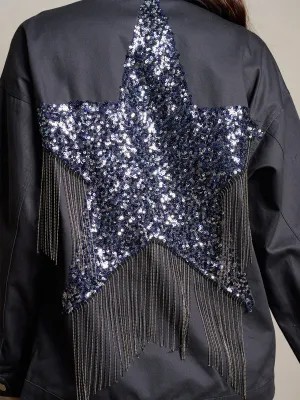 WOMEN'S LONG SLEEVE BUTTON UP STAR FRINGE SEQUINS BACK DETAILED DENIM JACKET