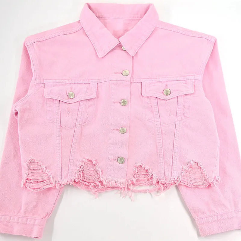 Women's Loose Denim Jean Button Down Classic Pink Jacket Coats
