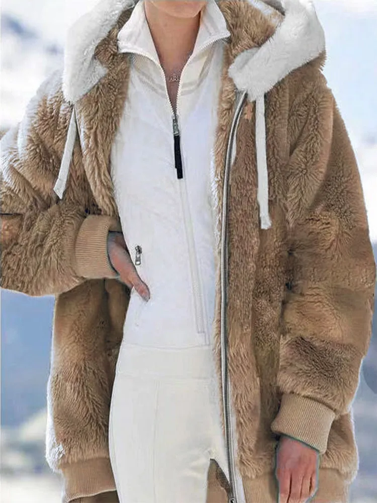Women's Loose Plush Zipper Hooded Jacket