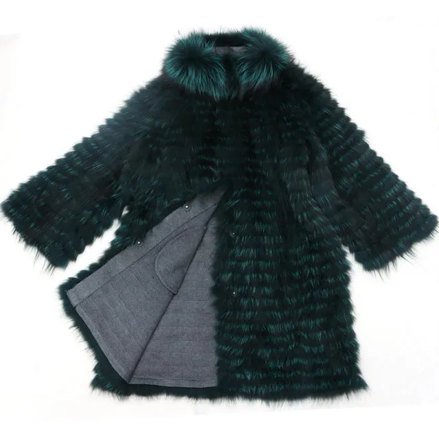 ZIRUNKING Women Real Silver Fox Fur Coats Fashion Fur Jacket Striped Style Overcoat Women Fox Fur Outerwear Clothes ZCW-02YL
