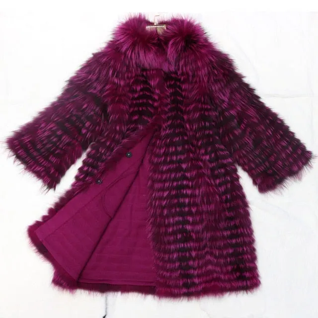 ZIRUNKING Women Real Silver Fox Fur Coats Fashion Fur Jacket Striped Style Overcoat Women Fox Fur Outerwear Clothes ZCW-02YL